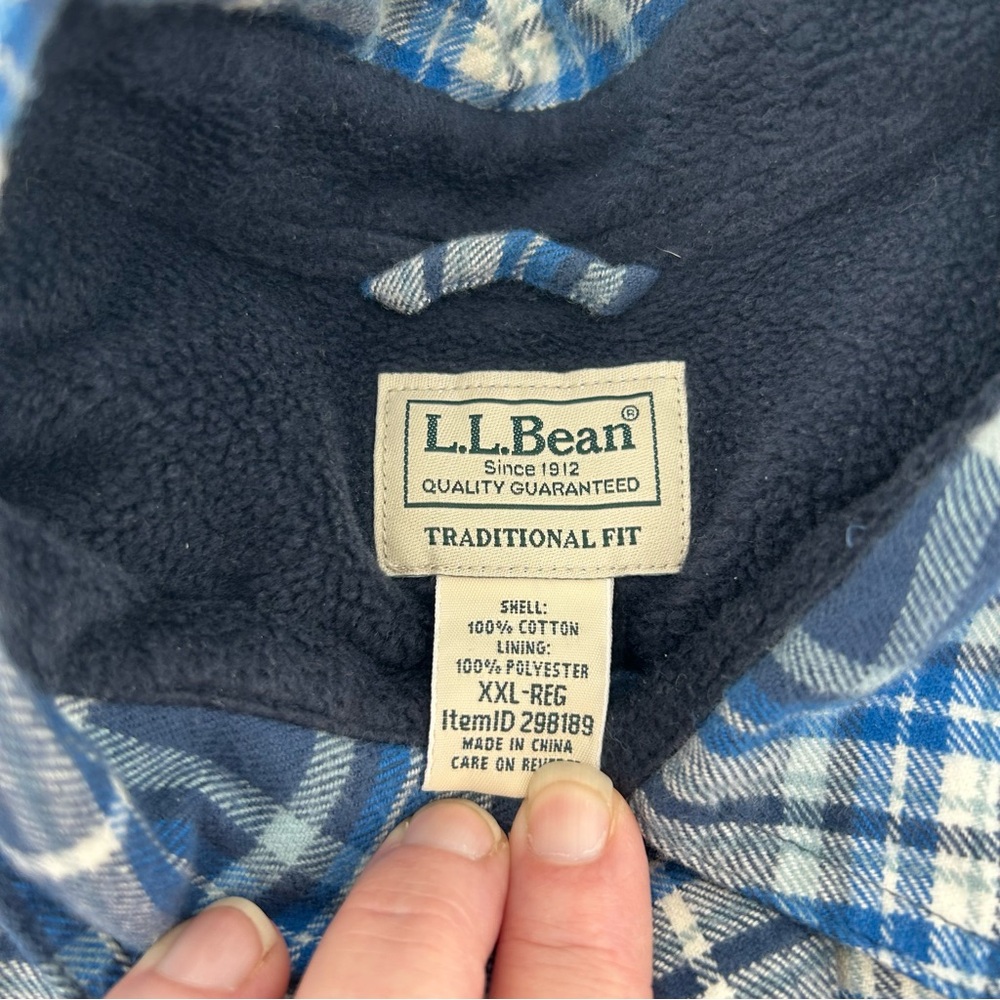LL Bean Men's Traditional Fit Blue Plaid Fleece Lined Flannel Shacket 2XL Chore - Picture 5 of 10